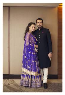 Dia Mirza and Sahil Sangha poses for the media at their Sangeet Ceremony