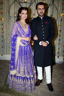 Dia Mirza and Sahil Sangha poses for the media at their Sangeet Ceremony