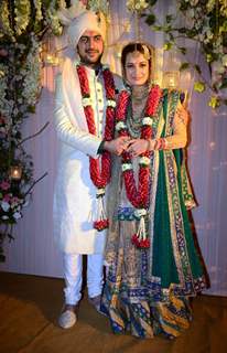 Dia Mirza and Sahil Sangha pose for the media at their Wedding Ceremony