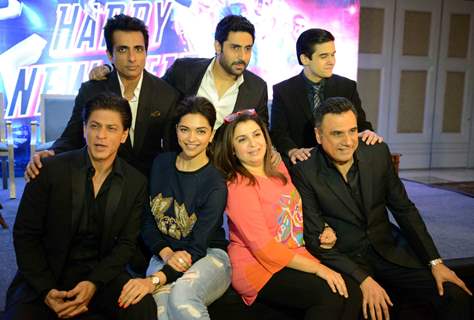 Team Happy New Year pose for the media during the Promotions in Delhi