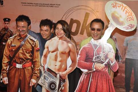 The cast pose with the P.K. Posters at the Teaser Trailer Launch of P.K.