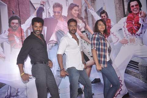 Prabhu Deva, Sonakshi Sinha and Ajay Devgn pose for the media at the Song Launch of Action Jackson