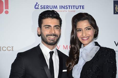 Sonam Kapoor and Fawad Khan pose for the media at Hello! Hall of Fame
