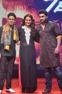 Manoj Bajpai, Arjun Kapoor and Sonakshi Sinha pose for the media at the Trailer Launch of Tevar