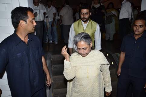 Abhishek Bachchan and Jaya Bachchan were snapped at the Prayer Meet of Ravi Chopra