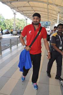 Indian Cricketer Harbhajan Singh poses for the media at Airport