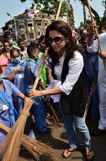 Juhi Chawla was snapped cleaning the streets at a Cleanliness Drive