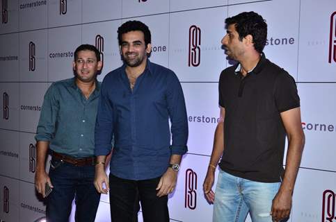 Ajit Agarkar, Zaheer Khan and Ashish Nehra pose for the media at Rohit Sharma's Bash