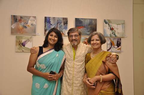 Amol Palekar poses with his wife and daughter at the Art Exhibition