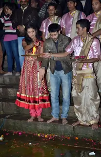 Gautam Rode and Payal Rajput perform a pooja at the Mahakumbh Launch in Varanasi