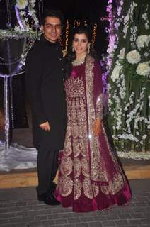 Riddhi Malhotra and Tejas Talwalkar pose for the media at their Sangeet Ceremony