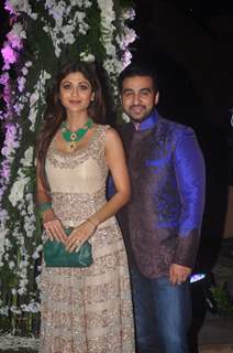 Shilpa Shetty and Raj Kundra pose at the Sangeet Ceremony of Riddhi Malhotra and Tejas Talwalkar