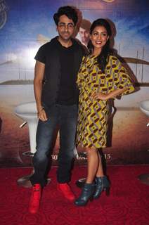 Ayushmann Khurrana and Pallavi Sharda pose for the media at the Trailer Launch of Hawaizaada