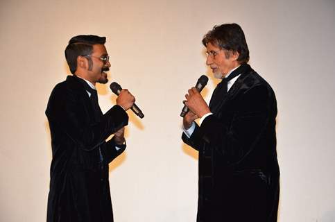 Dhanush and Amitabh Bachchan were snapped interacting at the Trailer Launch of Shamitabh