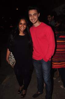 Arpita Khan and Aayush Sharma pose for the media Outside Olive