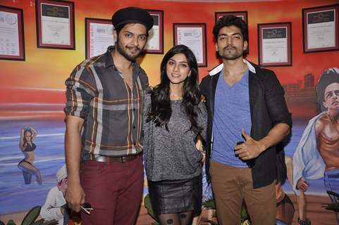 Gurmeet Choudhary, Sapna Pabbi and Ali Fazal pose during the Promotions of Khamoshiyan