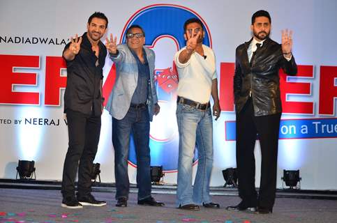 Team poses for the media at the Launch of Hera Pheri 3