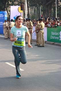 Tara Sharma was snapped participating in Standard Chartered Mumbai Marathon 2015