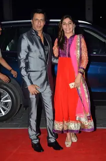 Madhur Bhandarkar poses with wife Renu at Kush Sinha's Wedding Reception