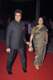 Raj Babbar and Nadira Babbar pose for the media at Kush Sinha's Wedding Reception