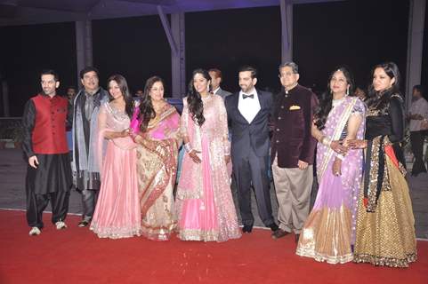 Family members pose for the media at the Wedding Reception of Kush Sinha