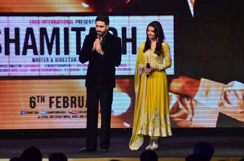 Abhishek Bachchan interacts with the audience at the Music Launch of Shamitabh