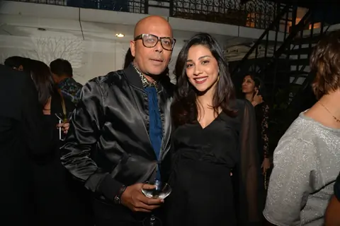 Amrita Puri and Narendra Kumar pose for the media at Belvedere Bash