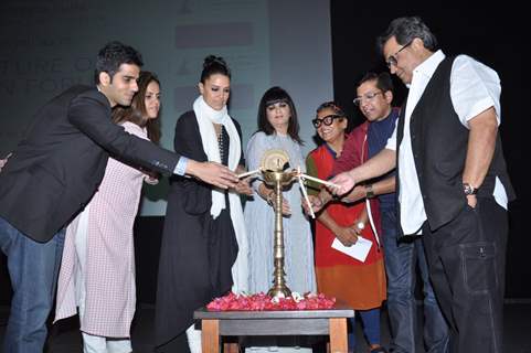 Neha Dhupia was snapped lighting the lamp at Whistling Woods