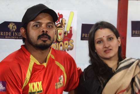 Sreesanth poses with wife Bhuvneshwari Kumari at CCL Match Between Mumbai Heroes and Telugu Warriors