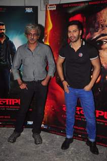 Sriram Raghavan and Varun Dhawan pose for the media at the Promotions of Badlapur