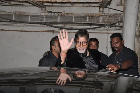 Amitabh Bachchan waves to the media at the Special Screening of Shamitabh
