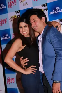 Sai Tamhankar and Swapnil Joshi pose for the media at the Premier of Mitwaa