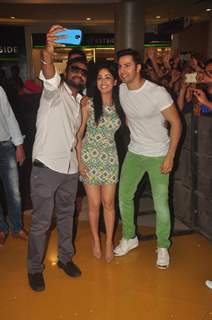 Varun Dhawan and Yami Gautam pose with fans at the Promotions of Badlapur at R City Mall