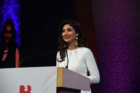 Shilpa Shetty interacts with the audience at Brand Vision India 2020 Awards