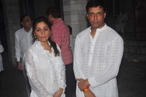 Madhur Bhandarkar was snapped with wife Renu Namboodiri at the Prayer Meet