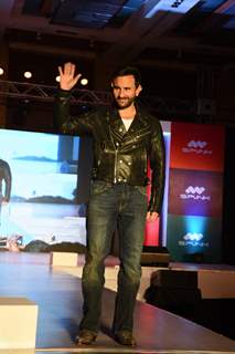 Saif Ali Khan waves to the audience at Spunk Footwear Show