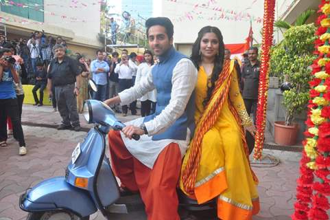 Ayushmann Khurrana and Bhumi Pednekar pose for the media at the Holi Celebrations