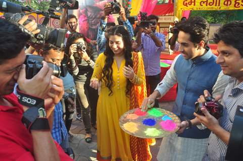 Ayushmann Khurrana and Bhumi Pednekar Celebrate Holi with the media