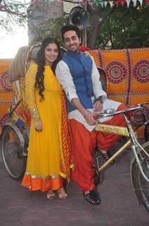 Ayushmann Khurrana and Bhumi Pednekar pose for the media at the Holi Celebrations