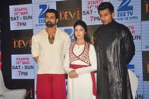 Team poses for the media at the Launch of Maharakshak Devi