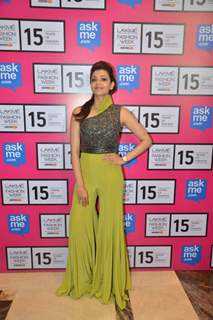 Kajal Aggarwal poses for the media at Lakme Fashion Week 2015 Day 4