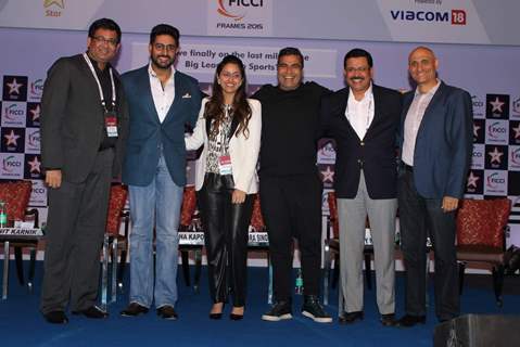 Abhishek Bachchan poses with guests at FICCI Frames 2015 Day 2