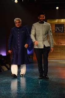 Javed Akhtar and Farhan Akhtar walk the ramp at 'Mijwan-The Legacy'