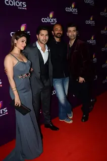 Karan Johar, Varun Dhawan, Rohit Shetty and Tanisha Mukherjee poses at Color's Party