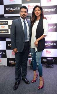 Shilpa Shetty and Raj Kundra Pose for Media at Amazon Event