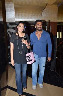 Suniel Shetty and Mana Shetty pose for the media at the Trailer Launch of Hero