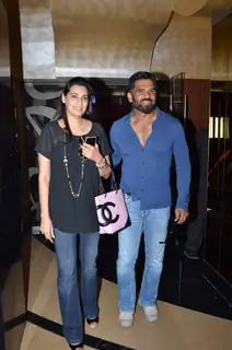 Suniel Shetty and Mana Shetty pose for the media at the Trailer Launch of Hero