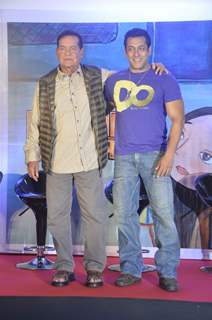 Salim and Salman Khan at the book launch of Bajrangi Bhaijaan at a city school