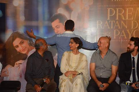 Salman Khan does the signature pose at the Trailer Launch of Prem Ratan Dhan Payo