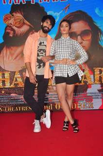 Shahid Kapoor and Alia Bhatt pose for the media at the Song Launch of Shaandaar